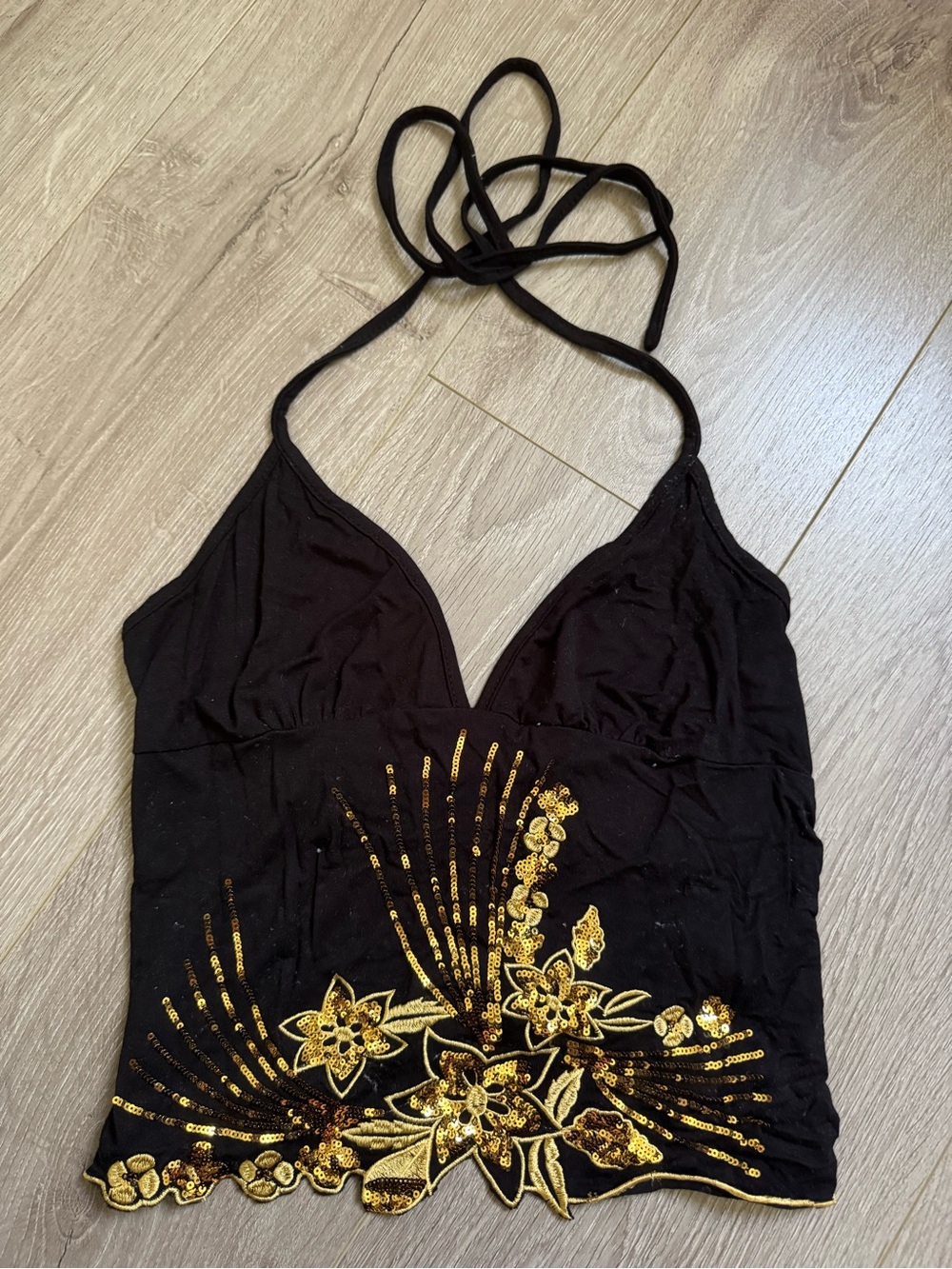 Black Halter Floral Sequin Tank Top - Gold Embellishment